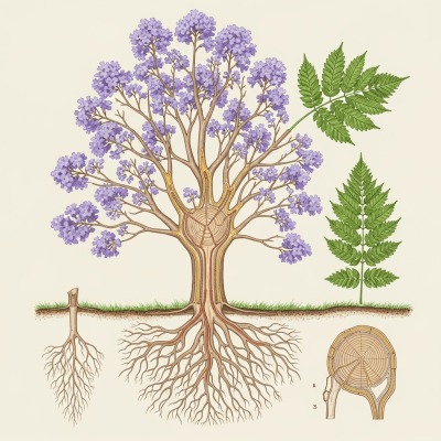 Detailed botanical illustration of the internal structure of a Jacaranda