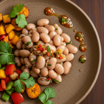 Image of cooked Jack Bean (beans) presented as part of a traditional dish or cuisine, plated attractively and photographed from above