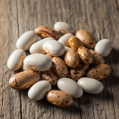 A handful of uncooked Jack Bean beans (beans) scattered on a rustic wooden surface, photographed in natural light to emphasize their variety and color