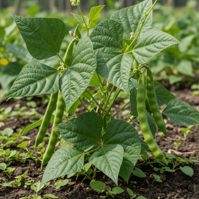 Photograph of the Jack Bean (legumes) growing naturally on its plant in an outdoor agricultural or garden setting, showing leaves, pods, and surrounding soil or greenery