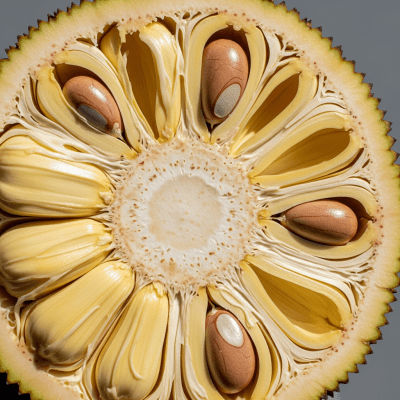 A close-up image showing a cross-section of the Jackfruit, belonging to the fruits taxonomy
