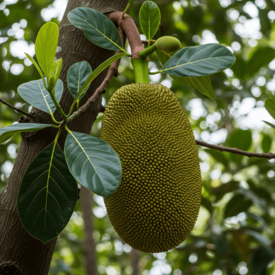 A photograph of a fresh Jackfruit from the fruits taxonomy as it appears in its natural growing environment, such as on a tree, bush, or vine