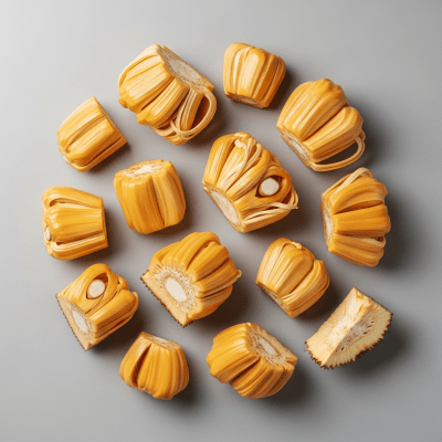 An overhead view photograph of several pieces of the Jackfruit, from the fruits taxonomy, arranged aesthetically on a plain background