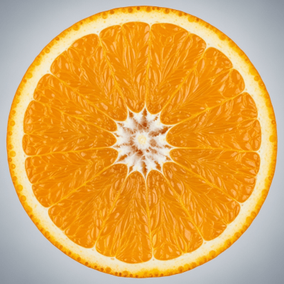 A detailed close-up cross-sectional image of a Jaffa Orange from the oranges taxonomy, sliced cleanly in half to reveal the interior segments, pulp, and rind structure