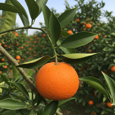 A naturalistic scene featuring a Jaffa Orange from the oranges taxonomy growing on a tree with leaves and branches visible