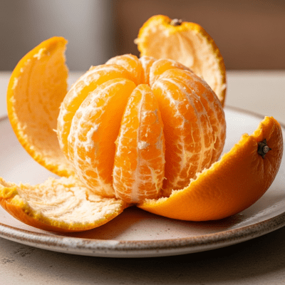Editorial-style image of a freshly peeled Jaffa Orange from the oranges taxonomy arranged appealingly on a simple plate or surface.