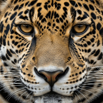 Close-up macro photograph focusing on the facial features and fur texture of a Jaguar