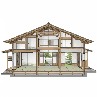 Detailed cross-sectional illustration or cutaway view showing the internal layout and key structural elements of the Japanese (architecture)