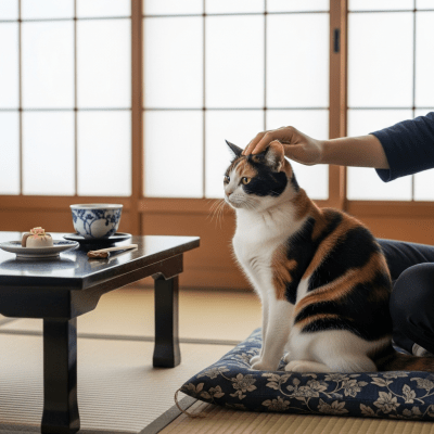 Image of a Japanese Bobtail interacting with humans or participating in cultural activities