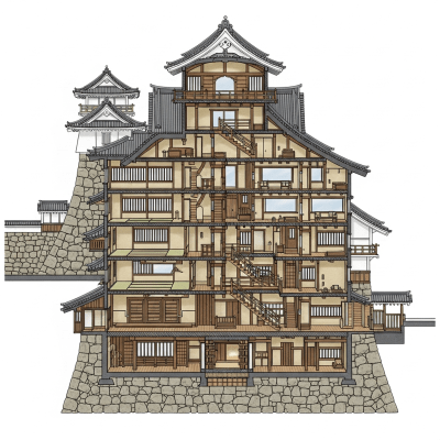 A detailed cross-sectional illustration of a Japanese Castle (Shiro), from the castles taxonomy