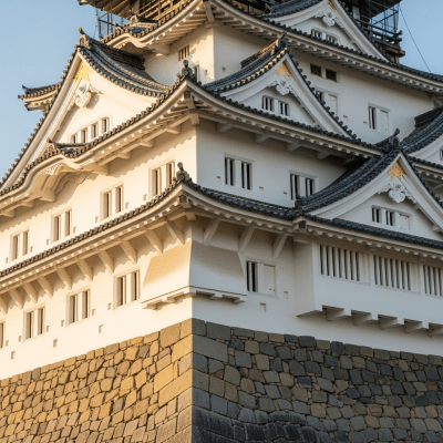 A close-up image focusing on unique architectural details of a Japanese Castle (Shiro), from the castles taxonomy