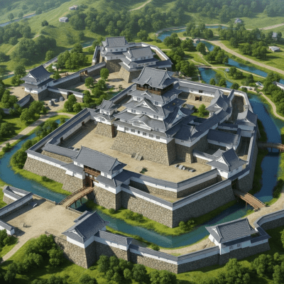 A bird's-eye view rendering of a Japanese Castle (Shiro), classified in the castles taxonomy