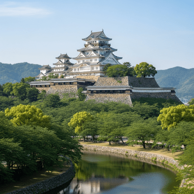A realistic image of the Japanese Castle (Shiro) from the castles taxonomy, situated in its historical or natural environment