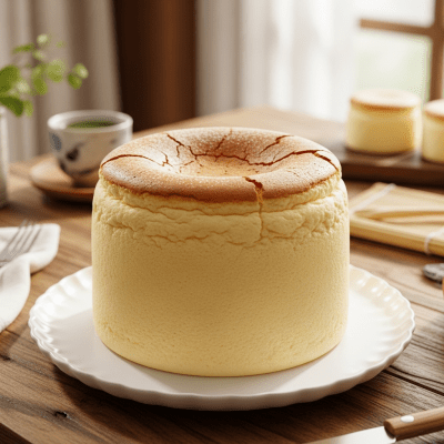 A realistic image of a whole Japanese Cheesecake (cake) displayed on a classic dessert table in a home or bakery setting