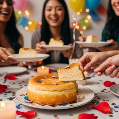 A scene showing the Japanese Cheesecake (cake) being served or enjoyed at a festive occasion, such as a birthday party or wedding