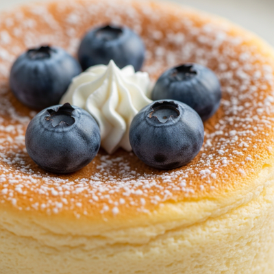 Close-up macro photograph of the surface texture and decoration of a Japanese Cheesecake (cake)