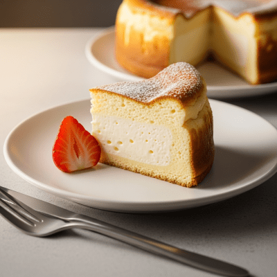 An image of a single slice of Japanese Cheesecake, from the cake taxonomy, isolated on a plate with simple cutlery