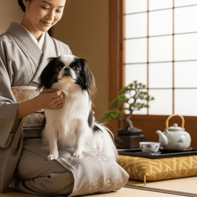 Image of a Japanese Chin interacting with humans in a typical cultural or domestic setting
