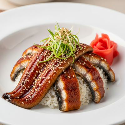 A culinary presentation featuring a prepared dish made with Japanese Eel, of the taxonomy fish