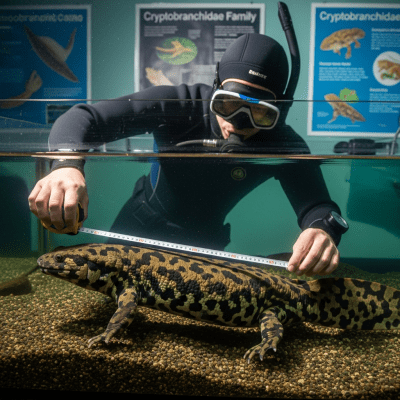 Photograph showing a Japanese Giant Salamander in interaction with humans or within a cultural context, such as being observed by scientists or featured in educational settings