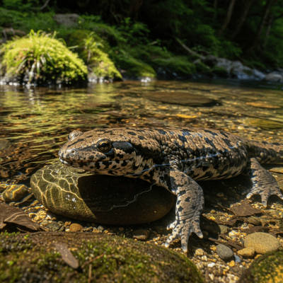 A detailed image of a Japanese Giant Salamander (amphibians) in its natural habitat