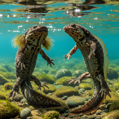 Image of a Japanese Giant Salamander (amphibians) at the moment of transformation, such as metamorphosis from tadpole to adult