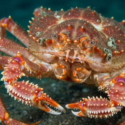 Close-up macro photograph of the shell texture and claws of a single Japanese Spider Crab