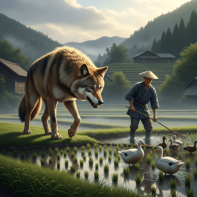 Image of a Japanese Wolf interacting with humans in a cultural or practical context