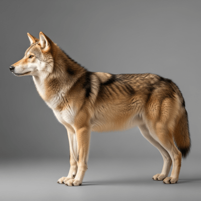 Side profile photograph of a standing Japanese Wolf, part of the taxonomy canines