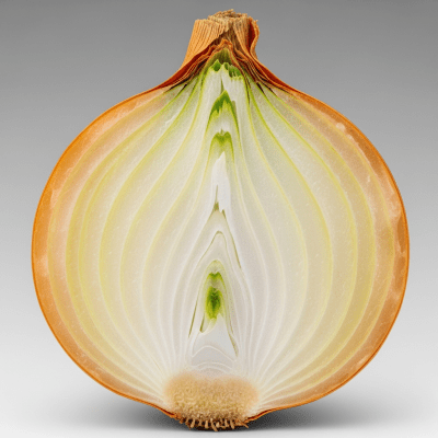 A detailed cross-sectional image of a Jaune Paille des Vertus onion (onions) cut in half to reveal its internal layers and structure