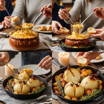 A cultural representation of a Jaune Paille des Vertus onion (onions) featured in a traditional dish or meal setting