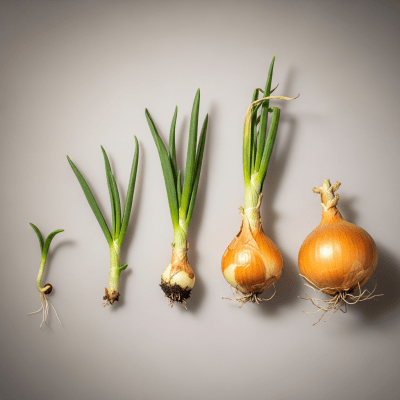 An image showing multiple stages of growth for a single type of Jaune Paille des Vertus onion (onions), from seedling to mature bulb
