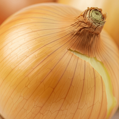 A macro photograph highlighting the surface texture and skin details of a Jaune Paille des Vertus onion