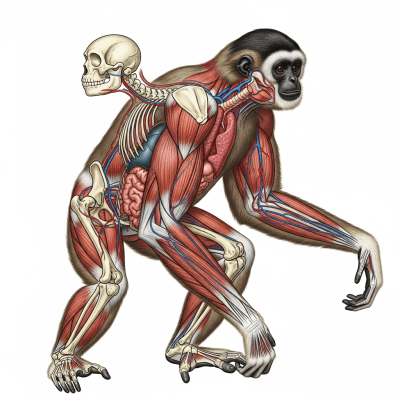 Detailed anatomical illustration of a Javan gibbon (Silvery gibbon), part of the taxonomy apes