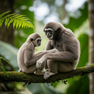 Photograph of a juvenile Javan gibbon (Silvery gibbon) (apes) alongside an adult in their environment