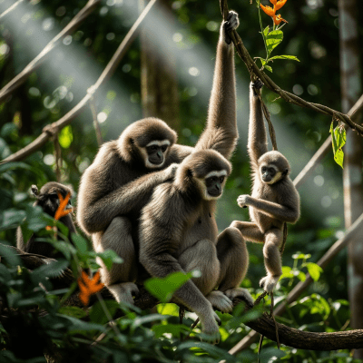 Image showing a group of Javan gibbon (Silvery gibbon) (apes) engaging in typical social behavior