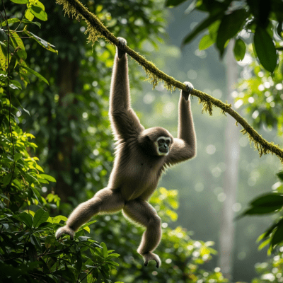 Photograph of a Javan gibbon (Silvery gibbon) (apes) in its natural habitat