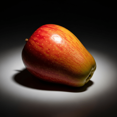 Editorial-style image of a single Jazz from the taxonomy apples, dramatically lit against a dark gradient background to highlight color and texture.
