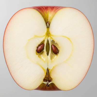 A close-up image showing a cross-section of a Jazz of the taxonomy apples, sliced cleanly in half to reveal internal structure, seeds, and flesh