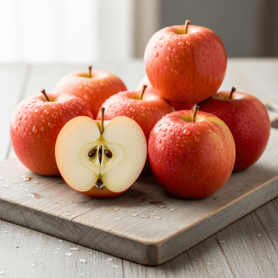 A simple arrangement showing several whole and one cut-open Jazz, displayed on a wooden surface