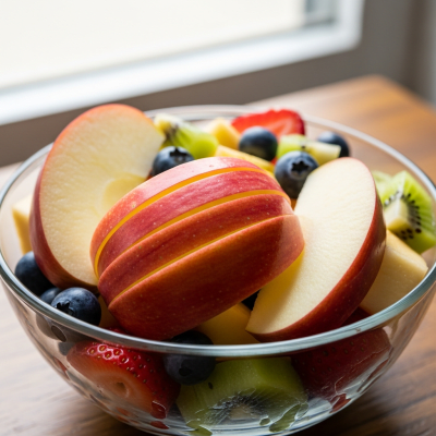 A photograph of a freshly sliced Jazz of the taxonomy apples, presented as part of a fruit salad in a clear bowl
