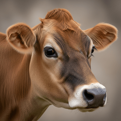 Close-up photograph of the head and face of a Jersey, focusing on distinctive features such as eyes, ears, and fur texture