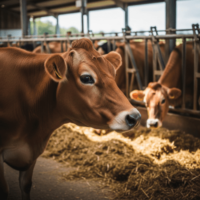 Documentary-style image of a Jersey in a barn or shelter environment, showing typical housing conditions for cows