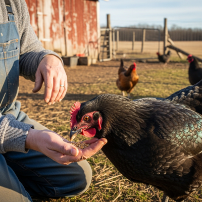 Photograph of a Jersey Giant from the chicken taxonomy interacting with humans in a typical farm setting