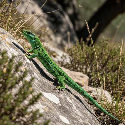 A dynamic action scene featuring a single Jeweled Lacerta (lizards) running, climbing, or catching prey in its typical environment