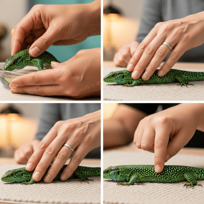 Image of a Jeweled Lacerta interacting with humans in a responsible pet-keeping context