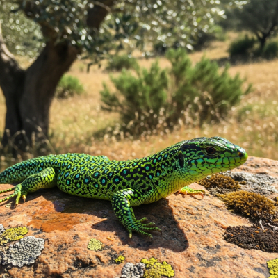 Detailed image of a Jeweled Lacerta (lizards) in its natural habitat
