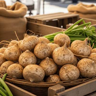 Image showing freshly harvested Jicama, displayed in a farmer's market basket or crate