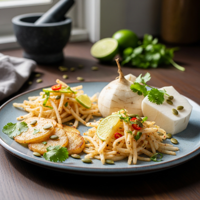 Photograph of a prepared dish or serving featuring the Jicama, as commonly used in cuisine within the taxonomy vegetables
