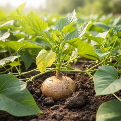Naturalistic image of a Jicama in its typical growing environment, as found in nature or a cultivated garden
